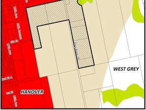 This diagram was first shown to Hanover and West Grey councils in Feb. 2013. The bold black box includes approximately 28 hectares of land encompassed by West Grey-Hanover OPA 122. An agreement between the two municipalities on OPA 122 was approved Monday night.