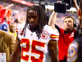 Kansas City Chiefs running back Jamaal Charles (25) exits the game after an injury during the first quarter of the 2013 AFC wild card playoff football game against the Indianapolis Colts at Lucas Oil Stadium. (Andrew Weber-USA TODAY Sports)