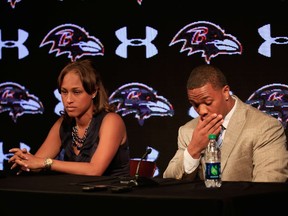 Running back Ray Rice of the Baltimore Ravens pauses while addressing a news conference with his wife Janay at the Ravens training center on May 23, 2014 in Owings Mills, Maryland. Rice spoke publicly for the first time since facing felony assault charges stemming from a February incident involving Janay at an Atlantic City casino. (Rob Carr/Getty Images/AFP)