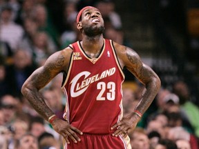 Cleveland Cavaliers LeBron James looks up during a break in play against the Boston Celtics during the second quarter in Game 6 of their NBA Eastern Conference playoff basketball series in Boston, Massachusetts in this file photo taken May 13, 2010. (REUTERS)