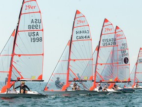 Newcastle's Kurt Hansen and Harry Morton currently preside over the leaderboard at the 29er North American sailing championships, with Thursday marking the last of four race days at the Kingston Yacht Club. (Alex Pickering/For The Whig-Standard)