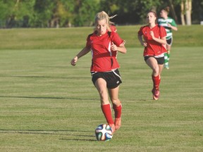 Janelle Wojtowicz of the Portage Blaze runs with the ball during the Blaze's 4-0 loss to FC Northwest July 23. (Kevin Hirschfield/THE GRAPHIC/QMI AGENCY)