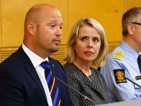 (L-R) Anders Anundsen, Norway's minister of justice and public security, Benedicte Bjoernland, head of the Police Security Service, PST, and Vidar Refvik, head of the police force, hold a news conference in Oslo July 24, 2014.  REUTERS/Heiko Junge/NTB Scanpix