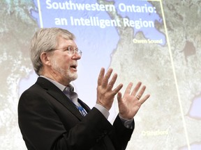 Southwest Economic Alliance president Serge Lavoie speaks about the intelligent region Tuesday at the University of Waterloo Stratford campus. MIKE BEITZ/The Beacon Herald