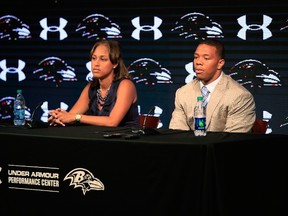 Running back Ray Rice of the Baltimore Ravens addresses a news conference with his wife Janay at the Ravens training center on May 23, 2014 in Owings Mills, Maryland. (AFP)