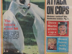 Paula Macciocchi takes a swing on the front page of the July 30, 1989 Toronto Sun.