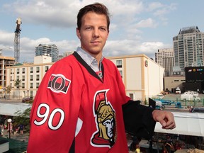 Alex Chiasson, the centrepiece in the Jason Spezza deal, dons his Senators jersey for the first time on Thursday. (TONY CALDWELL/OTTAWA SUN)