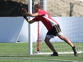 Fury fourth-string keeper Chad Bush makes a save during practice on Thursday. The Ottawa native played 30 minutes Wednesday against Rangers FC. (CHRIS HOFLEY/OTTAWA SUN)