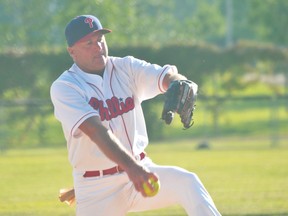 Gregg Waldvogel of the Portage Phillies throws a pitch during a doubleheader sweep of the Notre Dame Clubs July 24. (Kevin Hirschfield/The Graphic/QMI Agency)