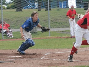 The Royals’ Riley Rodgers gets set to throw out a Slave Lake runner who had struck out with the pitch he swung at bouncing in the dirt, thus necessitating the put-out at first base. The Royals, who will play at the Tier 2 level in the provincial finals, built up a 6-2 lead in the game and hung on to post a 6-5 win against the Tier 1 team. - Gord Montgomery, Reporter/Examiner