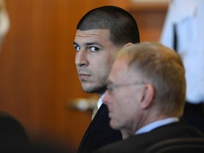 Former Patriots tight end Aaron Hernandez attends a hearing in Bristol County Superior Court in Fall River, Mass., on Tuesday, July 22, 2014. (CJ Gunther/Reuters/Pool)