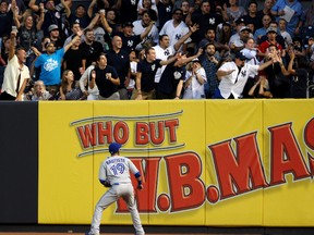 Toronto Blue Jays right fielder Jose Bautista watches as fans reach for a home run hit by New York Yankees right fielder Ichiro Suzuki (not pictured) in the third inning at Yankee Stadium on July 25, 2014. (Noah K. Murray/USA TODAY Sports)