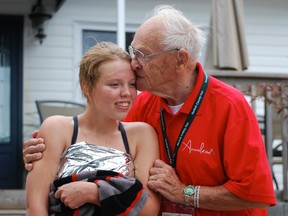 One of the people on hand to greet Annaleise Carr in Port Dover Saturday morning after she completed a crossing of Lake Erie from Erie, Pennsylvania, to Long Point, Ontario, was her great-grandfather Art Hayward, of Simcoe. MONTE SONNENBERG / SIMCOE REFORMER