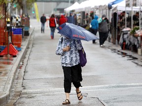 Edmontonians brave the rain while shopping at City Market Downtown on 104 Street on Saturday. Things improved markedly after Friday's steady downpour. (DAVID BLOOM/Edmonton Sun)