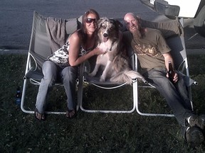 Carole Pyka is pictured here with her dog Neeko and her fiance Tyler Steele. Neeko, 2, died last week due to a bowel hemorrhage, Pyka says. (Submitted photo)