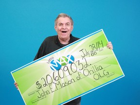 John Mason, 75, a longtime resident of Orillia, picked up his $20.6M Lotto Max prize in Toronto, Monday. SUBMITTED