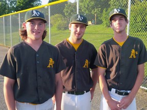 Three members of the Fullarton A’s midget boys fastball team, Derek Elliott (left), Trevor Skinner and Evan Lindsay, will participate at the 2014 Canadian U18 championships in Newfoundland next month. SUBMITTED