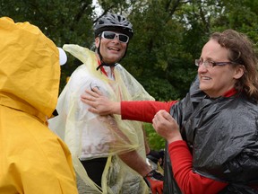 The first of many to arrive in Consecon for the Friends for Life Bike Rally, Sam Ward, is welcomed by staff and volunteers. 
Zachary Shunock/The Intelligencer.