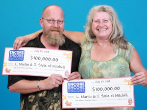 Leslie J. Martin (right) and Joseph C. Stolz, of Mitchell, are the latest winners of $100,000 with ENCORE from their June 6 LOTTO MAX draw. SUBMITTED