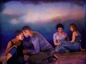 From left: Sarah Afful, Dion Johnstone, Mike Nadajewski and Trish Lindström in A Midsummer Night's Dream: A Chamber Play. (Photo by Michael Cooper; Digital artist: Krista Dodson)