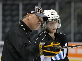 Former Kingston Frontenacs coach Todd Gill, with defenceman Matthew Watson at a practice last season, has been named an assistant coach of the AHL’s Adirondack Flames. (IAN MACALPINE/THE WHIG-STANDARD)