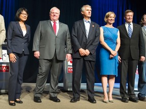 From left: Mayoral candidates Olivia Chow, Rob Ford, David Soknacki, Karen Stintz and John Tory. (Toronto Sun Files)