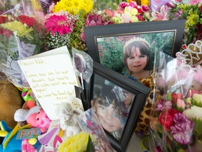 A memorial for Addison Hall, the six-year-old girl who died from injuries sustained after being hit by a car in the entryway of the Costco on Wellington Rd. (CRAIG GLOVER, The London Free Press)