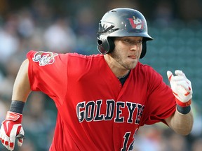 Winnipeg Goldeyes first  baseman Casey Haerther runs to first on a base hit against the Sioux City Explorers during American Association baseball in Winnipeg, Man. thursday July 10, 2014.
Brian Donogh/Winnipeg Sun/QMI Agency