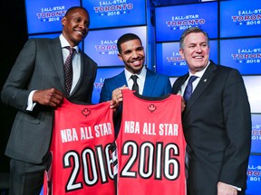 Toronto Raptors president and GM Masai Ujiri (from left), Raptors global ambassador Drake and MLSE president  and CEO Tim Leiweke during the 2016 all-star game announcement at the Air Canada Centre in Toronto on September 30, 2013. (Ernest Doroszuk/Toronto Sun)