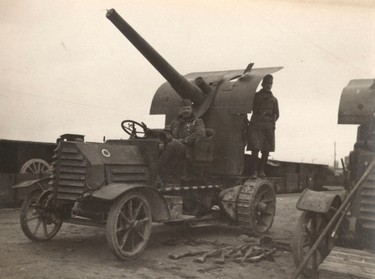 A French mobile anti-aircraft gun is pictured on the Western Front, in this 1918 handout picture. This picture is part of a previously unpublished set of World War One (WWI) images from a private collection. The pictures offer an unusual view of varied and contrasting aspects of the conflict, from high tech artillery to mobile pigeon lofts, and from officers partying in their headquarters to the grim reality of life and death in the trenches. The year 2014 marks the centenary of the start of the war.  REUTERS/Archive of Modern Conflict London/Handout via Reuters