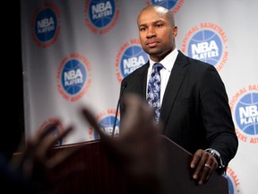 President of the National Basketball Players Association, Derek Fisher, speaks to reporters after taking part in contract negotiations between National Basketball Association owners and players in New York November 6, 2011. (REUTERS/Allison Joyce)