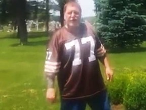Video posted to YouTube allegedly shows the man who urinated on longtime NFL owner Art Modell's grave.