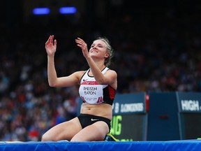 Canada's Brianne Theisen-Eaton reacts while competing in the Women's Heptathlon High Jump at the 2014 Commonwealth Games in Glasgow, Scotland July 29, 2014. (REUTERS/Suzanne Plunkett)