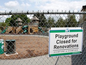 Two weeks after The Intelligencer reported the popular Rick Meagher/Medigas Rotary Play Park in Belleville, Ont. is closed for up to eight weeks (as of the week of July 16) due to unsafe play areas, a handful of new signs have been put up to inform residents, but that's all that has been done since. (Tuesday, July 29, 2014.) - Jerome Lessard/The Intelligencer/QMI Agency