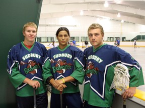 Ben Leeson/The Sudbury Star
From left, Curtis Bennet, Bo Peltier and Austin Bouchard hope to help the Sudbury Rockhounds intermediate boys lacrosse team to a strong showing at provincial championships next week.