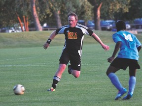 Cam Scott of the Portage Aeros passes a ball during the Aeros' 2-1 win over Winnipeg Phoenix FC U18 July 29. (Kevin Hirschfield/THE GRAPHIC/QMI AGENCY)