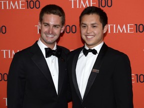 Snapchat co-founders Evan Spiegel and Bobby Murphy attends the Time 100 Gala celebrating the Time 100 issue of the Most Influential People In The World at Jazz at Lincoln Center on April 29, 2014 in New York. (AFP PHOTO/Timothy A. Clary)