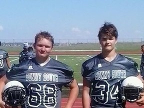 Austin Bruder (#68) and Tyler Riviere (#34) pictured here as members of the Sunny South (Zone 1) team at the Alberta Games in Airdrie. The Pincher Creek Mustang players helped Sunny South to a 2-1 record, good enough for 5th place in the tournament. Photos submitted by Charleen Bruder and shot by Constance Riviere.