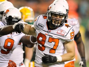 British Columbia Lions' Brent Johnson celebrates a sack against the Edmonton Eskimos during a CFL game in 2011. (Dan Riedlhuber/Reuters)