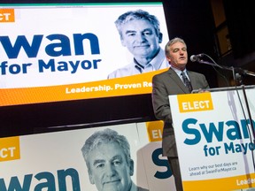 Joe Swan announces his candidacy for the mayors seat at a press conference at the London Music Hall in London on Wednesday. 
CRAIG GLOVER/The London Free Press/QMI Agency