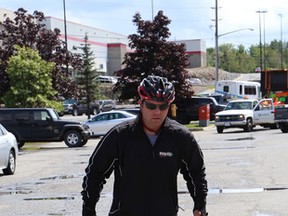 JOHN LAPPA/THE SUDBURY STAR/QMI AGENCYJames Carson rolled into Sudbury, ON. as part of his Roll Across Ontario fundraiser for cancer research on Wednesday, July 30, 2014. Carson started his in-line skating  journey in July in Kenora and his final destination will be Wasaga Beach. He has raised $15,000 of his $20,000 goal so far.