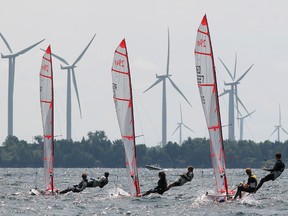 Competitors tack into the wind during a qualifying race at the 2014 29er World Championship in Kingston Wednesday afternoon. The week-long regatta finishes on Sunday. (ELLIOT FERGUSON/THE  WHIG-STANDARD)