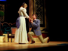 Algernon Moncrieff (Brett Christopher) gets down on bended knee to propose to Cecily Cardew (Tess Degenstein) in the Thousand Islands Playhouse's production of The Importance of Being Earnest. (Supplied photo)