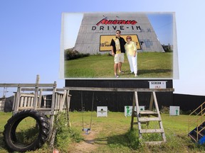 Connie Carson, sales representative with Royal LePage and one of the directors at Three Oaks and Todd Bennett of Belleville police — portrayed here in an image made out of two photographs — have written the script of what they hope could become a summer classic in a movie-night fundraiser for local women shelters at Mustang Drive-In Theatre (above) in Picton, Ont. — PHOTO ILLUSTRATION BY JEROME LESSARD/THE INTELLIGENCER/QMI AGENCY