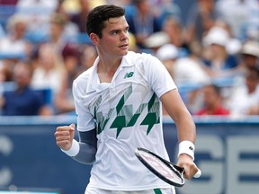 Milos Raonic celebrates after defeating Donald Young (not pictured) on day six in a men's singles semi-final of the Citi Open tennis tournament at the Fitzgerald Tennis Center. Geoff Burke-USA TODAY Sports