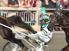 Trainer and driver Jimmy Takter celebrates after guiding Trixton to victory in The Hambletonian yesterday at the Meadowlands in East Rutherford, N.J. Trixton was one of three Takter entries. (MICHAEL LISA/PHOTO)