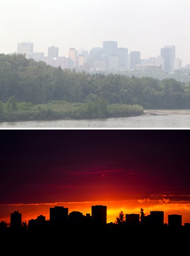 Where there is smoke there is fire? Top; The Edmonton skyline was shrouded with haze on Friday, August 1, 2014. Tom Braid/Edmonton Sun/QMI Agency
Bottom; The city skyline is silhouetted by a dramatic sunset in Edmonton, Alta., on Thursday, July 31, 2014. Codie McLachlan/Edmonton Sun/QMI Agency