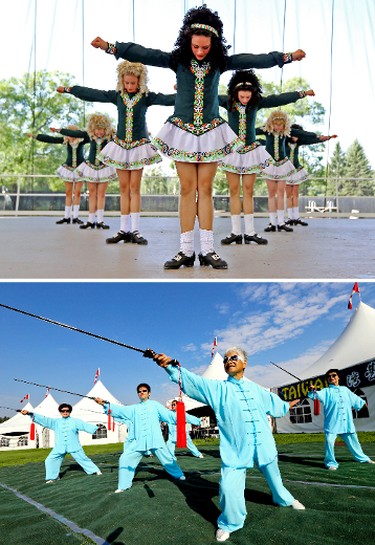39th year for the Heritage Festival. 
Top; Welsh Dancers perform as well as members of the Taiwan Pavilion practice during the Heritage Festival news conference at Hawrelak Park in Edmonton, Alberta on July 30, 2014. The Heritage Festival  runs in Hawrelak Park from August 2 to 4th. Perry Mah/Edmonton Sun/QMI Agency