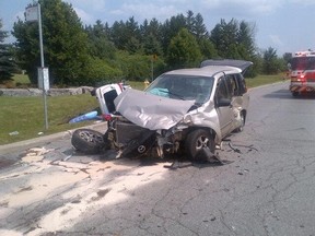 An unidentified died overnight Saturday, Aug. 2, 2014 from injuries following a  two-vehicle west-end crash on Hines Rd.
TWITTER PHOTO
Ottawa Sun/QMI AGENCY