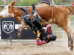 Simcoe, Ont. rider Ben Peever, 13, competes in the Ram Rodeo Tour Performance at this year's Tweed Stampede and Jamboree at Trudeau Park in Tweed, Ont. Sunday, Aug. 3, 2014.  — Jerome Lessard/The Intelligencer/QMI Agency
